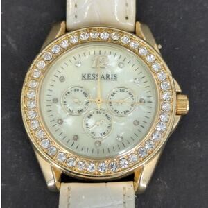 Vintage Signal Women's Watch Gold Tone Rhinestone Bezel White Strap Chronograph